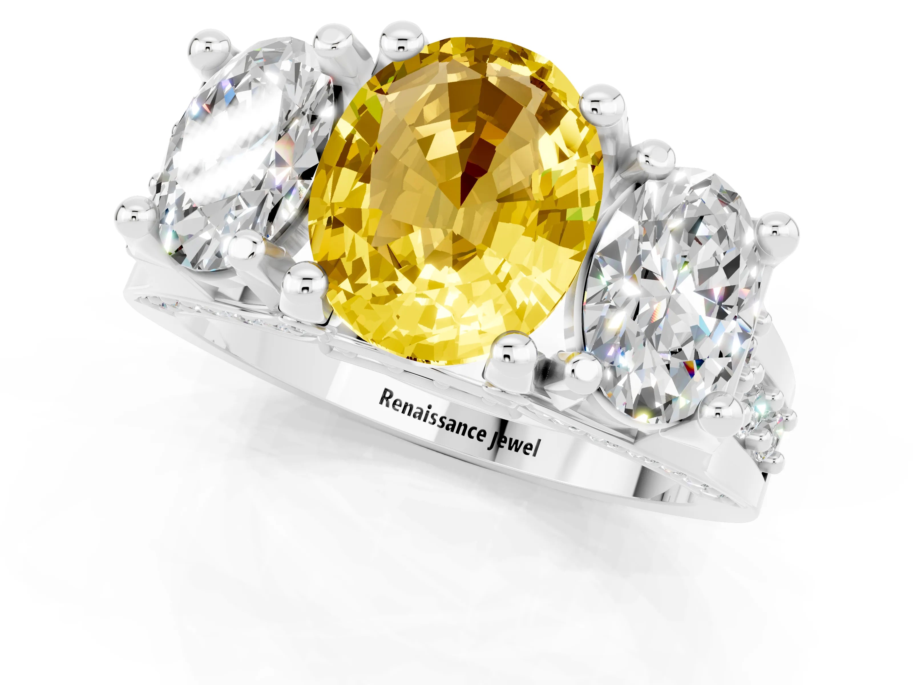 White gold Oval Cut Yellow Sapphire Three-Stone Ring with Channel Set Band and Four-Prong Setting_1