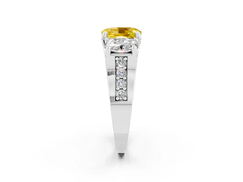 White gold Oval Cut Yellow Sapphire Three-Stone Ring with Channel Set Band and Four-Prong Setting_2