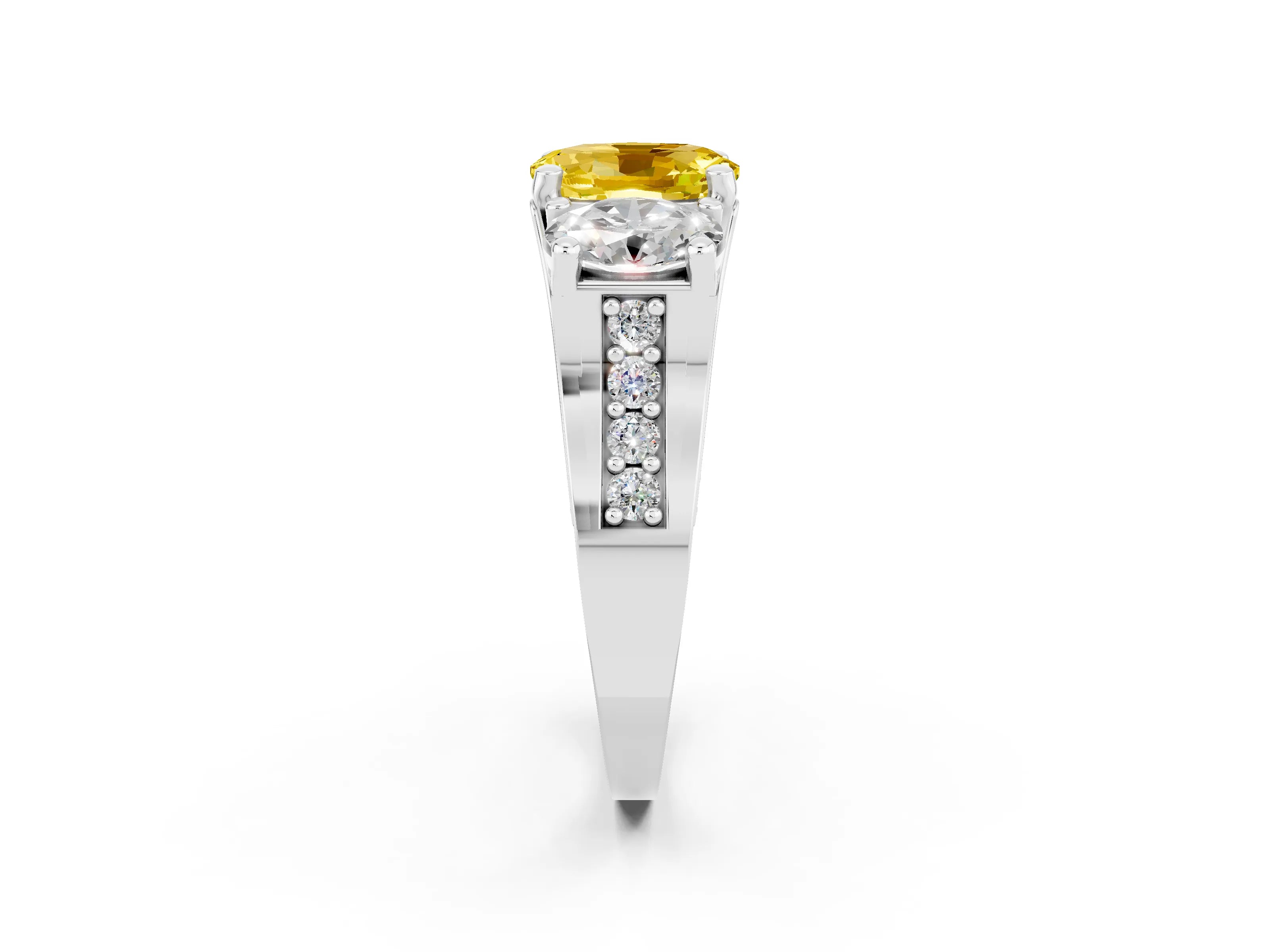 White gold Oval Cut Yellow Sapphire Three-Stone Ring with Channel Set Band and Four-Prong Setting_2