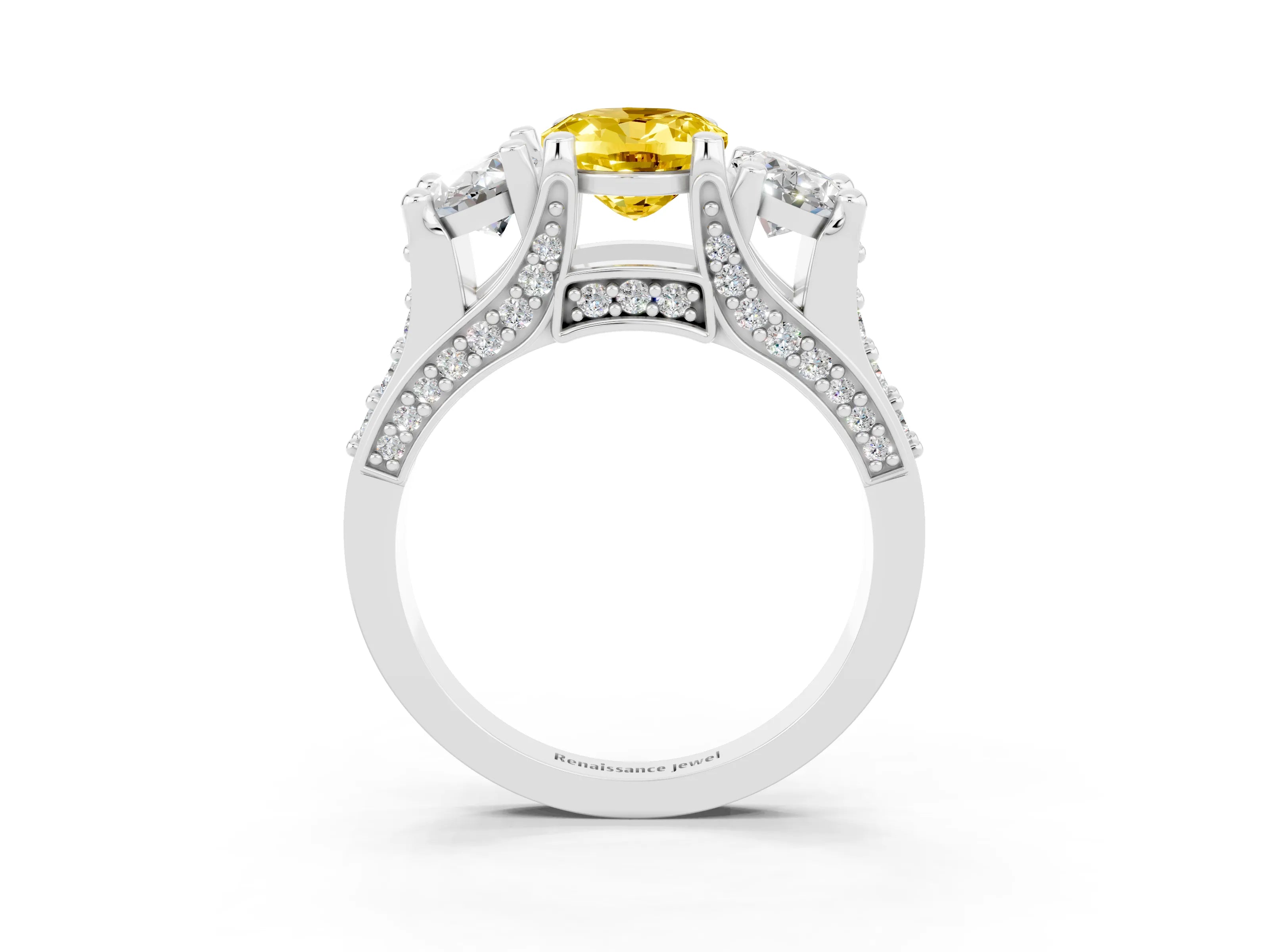 White gold Oval Cut Yellow Sapphire Three-Stone Ring with Channel Set Band and Four-Prong Setting_3