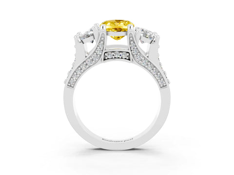 White gold Oval Cut Yellow Sapphire Three-Stone Ring with Channel Set Band and Four-Prong Setting_3