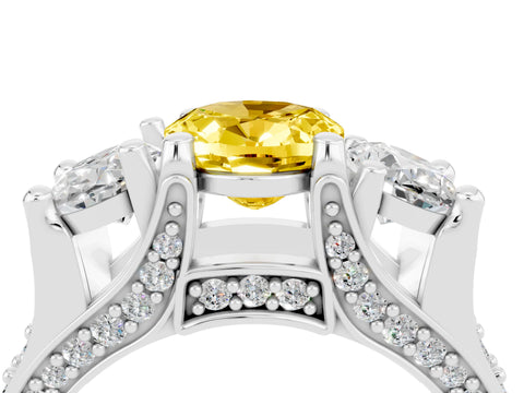 White gold Oval Cut Yellow Sapphire Three-Stone Ring with Channel Set Band and Four-Prong Setting_4