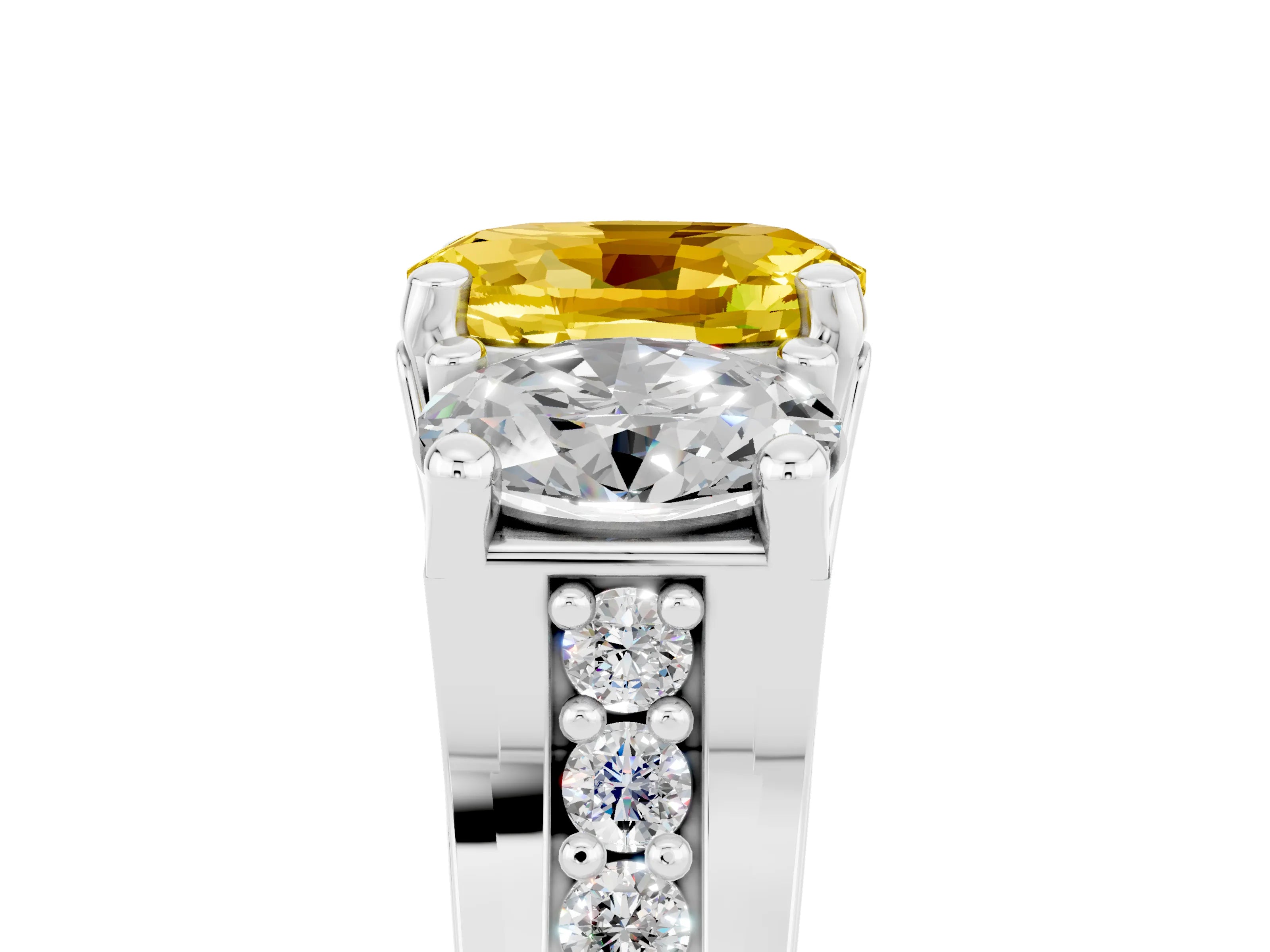 White gold Oval Cut Yellow Sapphire Three-Stone Ring with Channel Set Band and Four-Prong Setting_5
