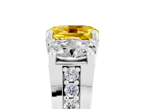 White gold Oval Cut Yellow Sapphire Three-Stone Ring with Channel Set Band and Four-Prong Setting_5