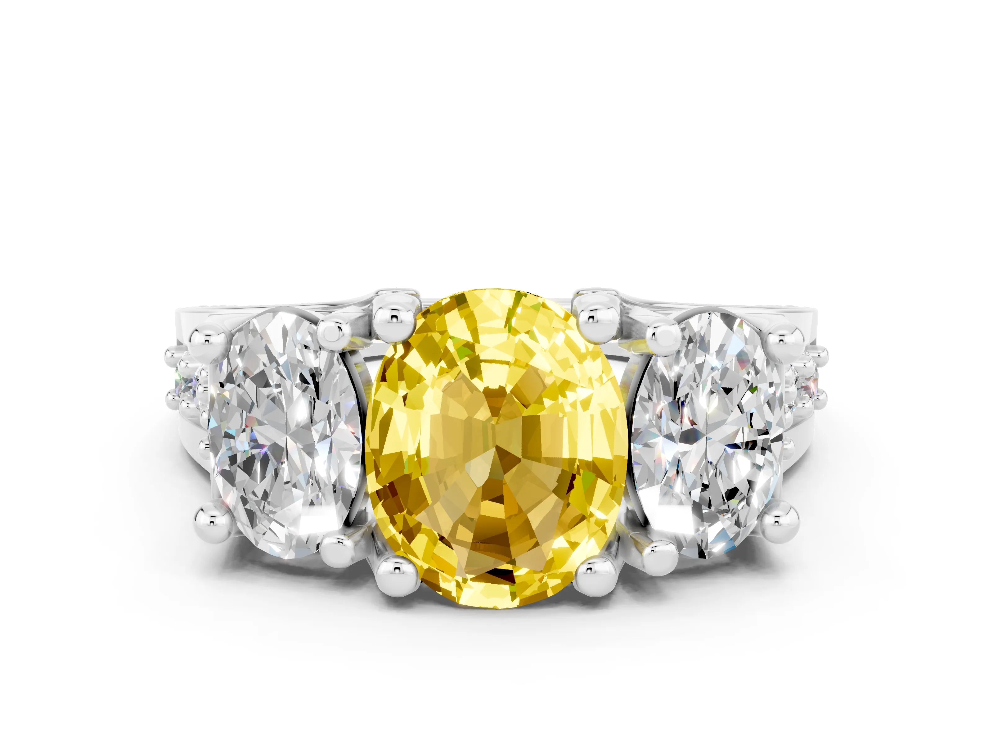 White gold Oval Cut Yellow Sapphire Three-Stone Ring with Channel Set Band and Four-Prong Setting