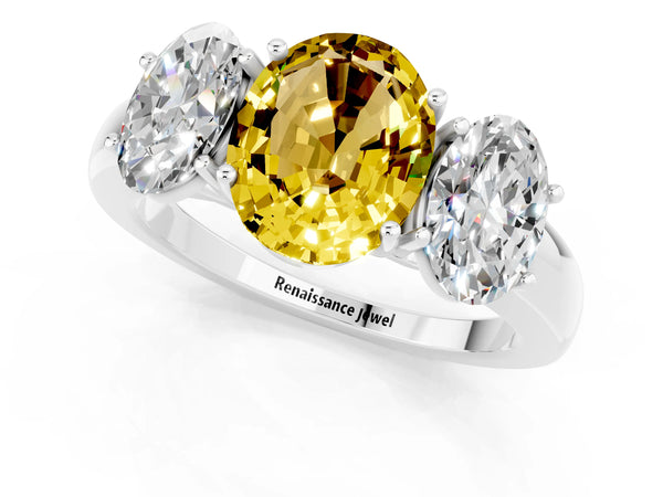 Platinum Oval Cut Yellow Sapphire Three-Stone Ring with Four-Prong Setting and Classic Band