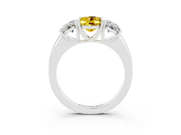 White gold Oval Cut Yellow Sapphire Three-Stone Ring with Four-Prong Setting and Classic Band