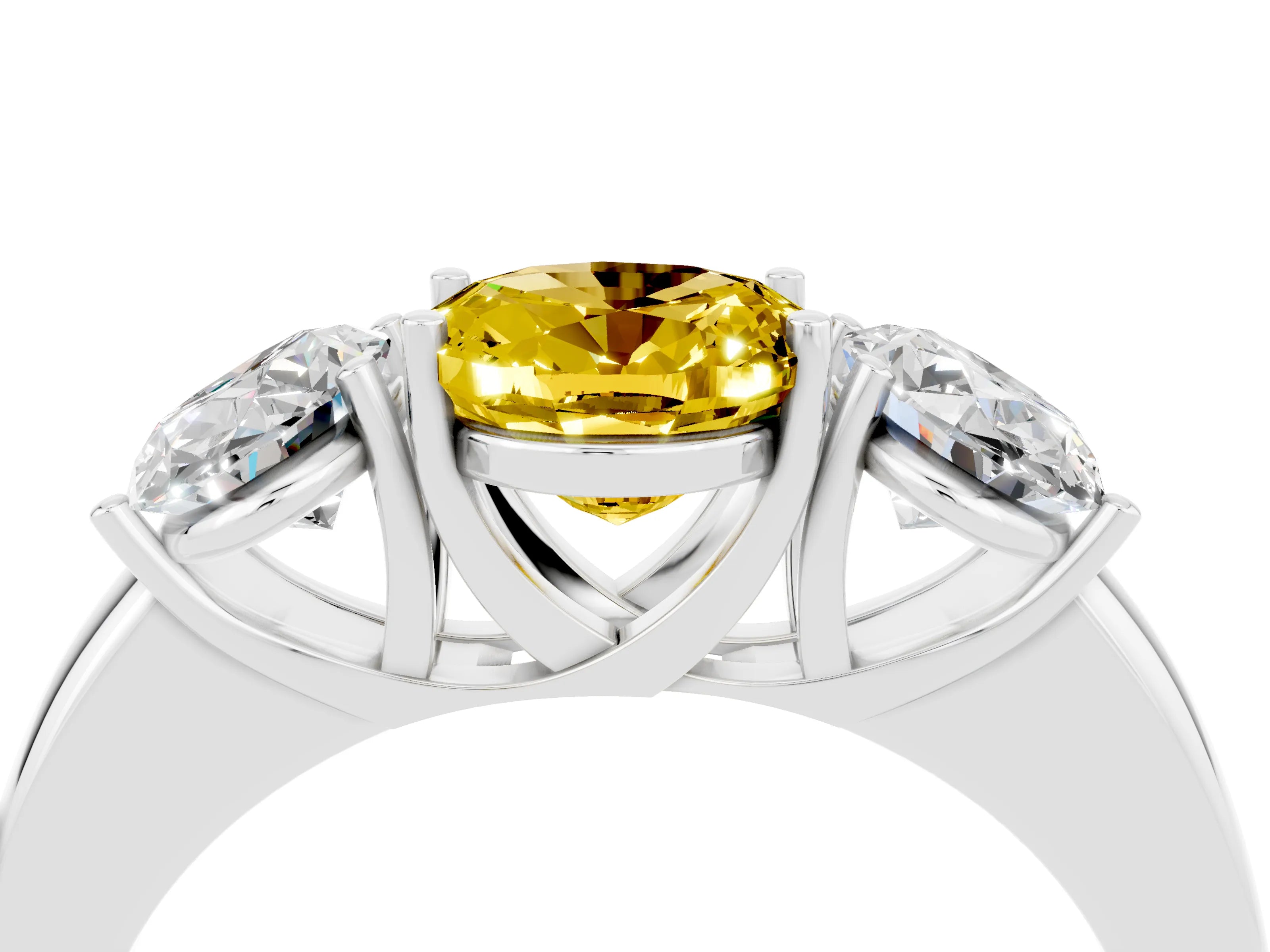 White gold Oval Cut Yellow Sapphire Three-Stone Ring with Four-Prong Setting and Classic Band_4