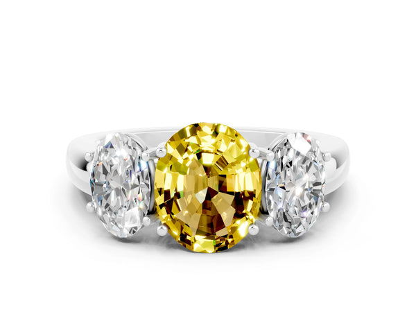White gold Oval Cut Yellow Sapphire Three-Stone Ring with Four-Prong Setting and Classic Band