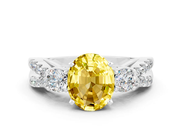Platinum Oval Cut Yellow Sapphire Three-Stone Ring with Pavé Split Shank and Four-Prong Setting