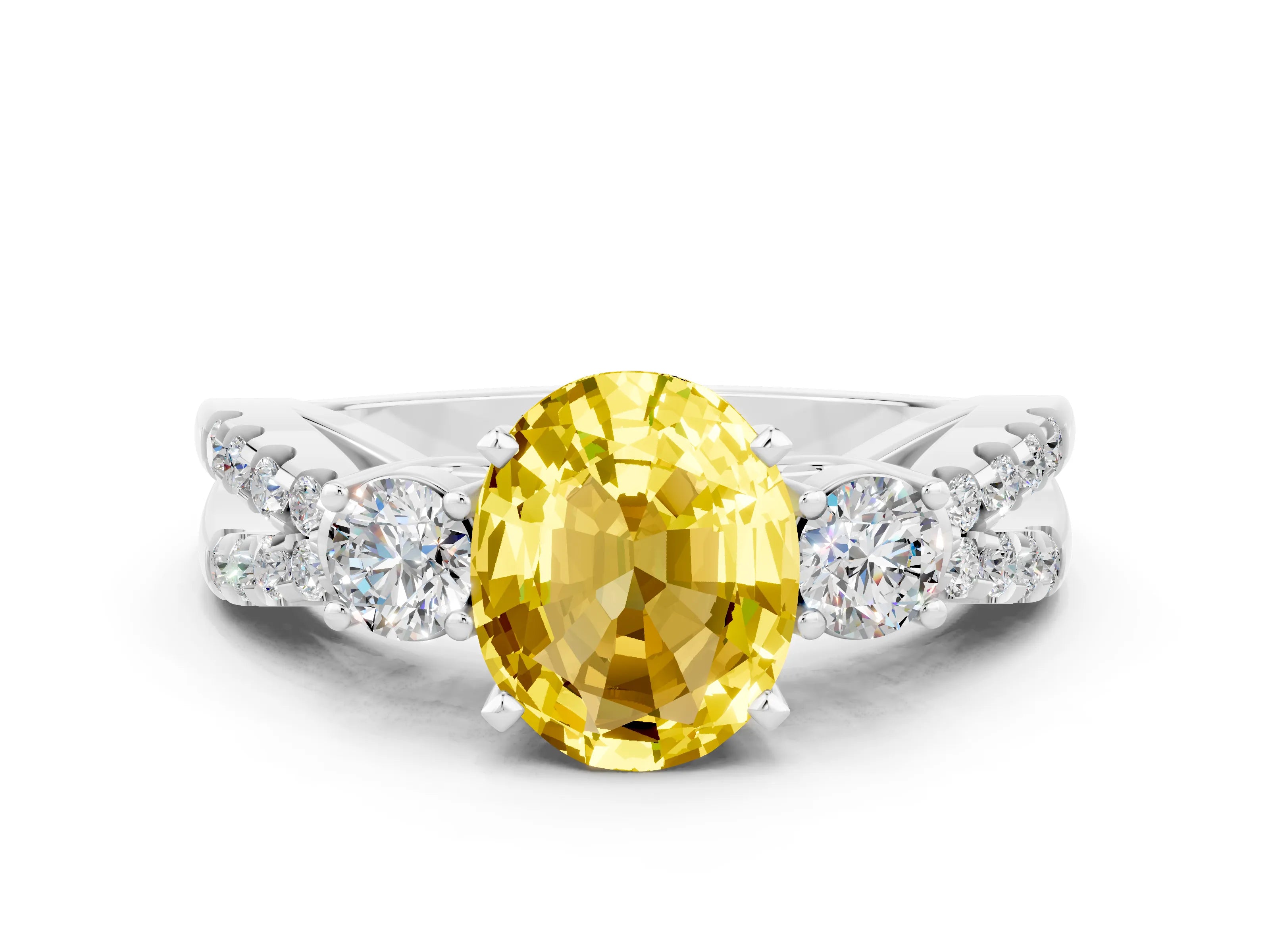 White gold Oval Cut Yellow Sapphire Three-Stone Ring with Pavé Split Shank and Four-Prong Setting_36