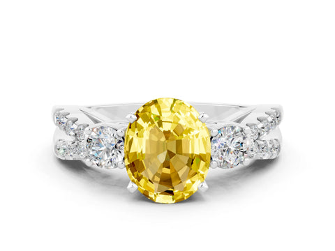 White gold Oval Cut Yellow Sapphire Three-Stone Ring with Pavé Split Shank and Four-Prong Setting_36
