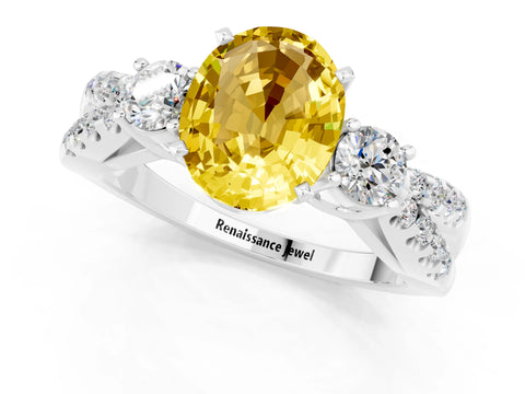 White gold Oval Cut Yellow Sapphire Three-Stone Ring with Pavé Split Shank and Four-Prong Setting_37