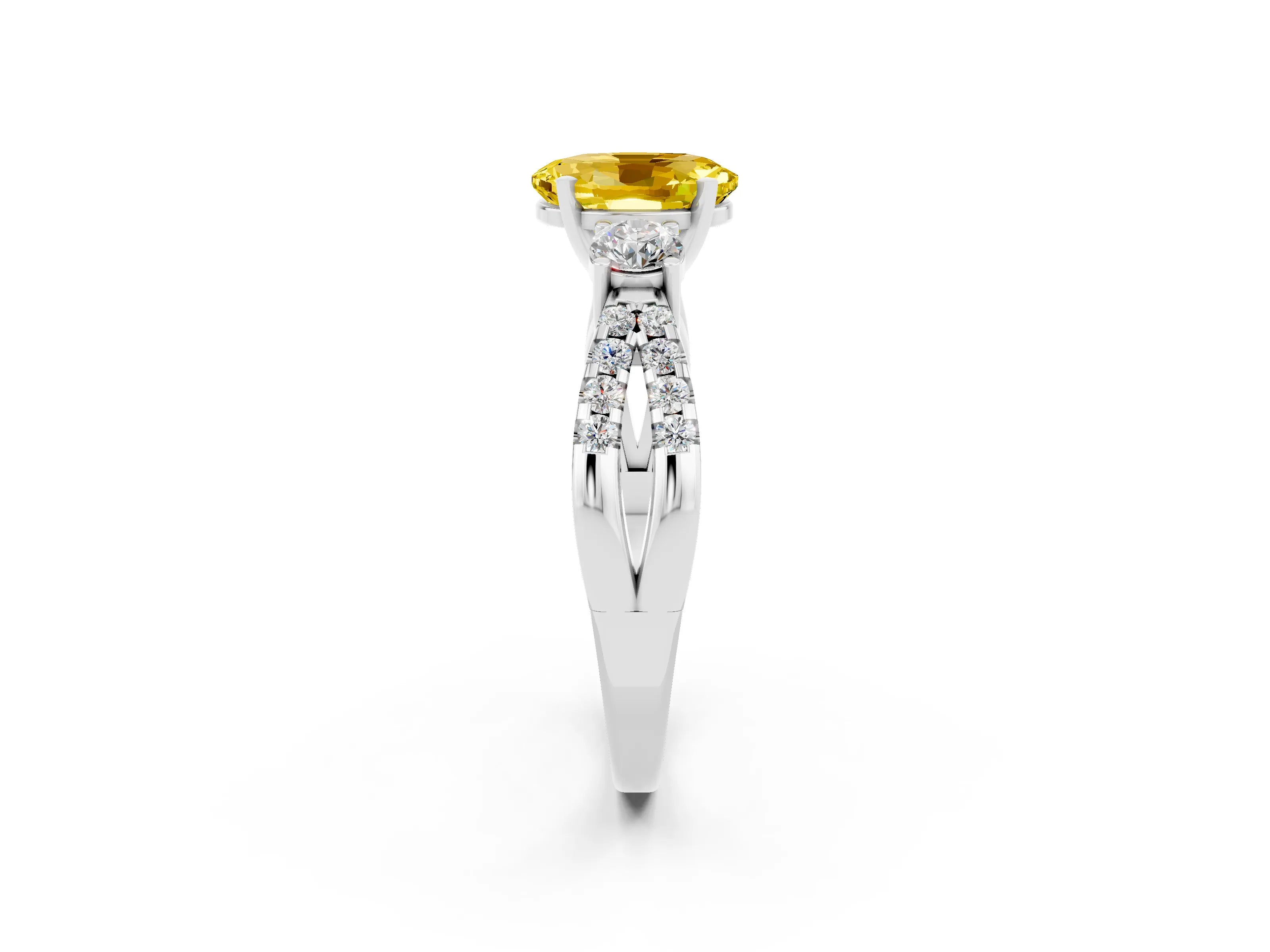 White gold Oval Cut Yellow Sapphire Three-Stone Ring with Pavé Split Shank and Four-Prong Setting_38