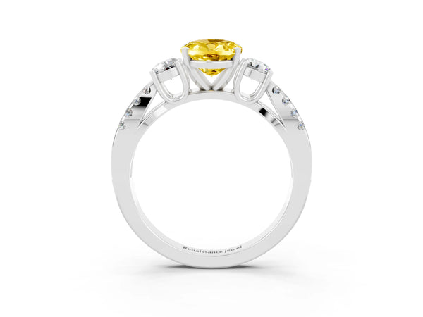 Platinum Oval Cut Yellow Sapphire Three-Stone Ring with Pavé Split Shank and Four-Prong Setting