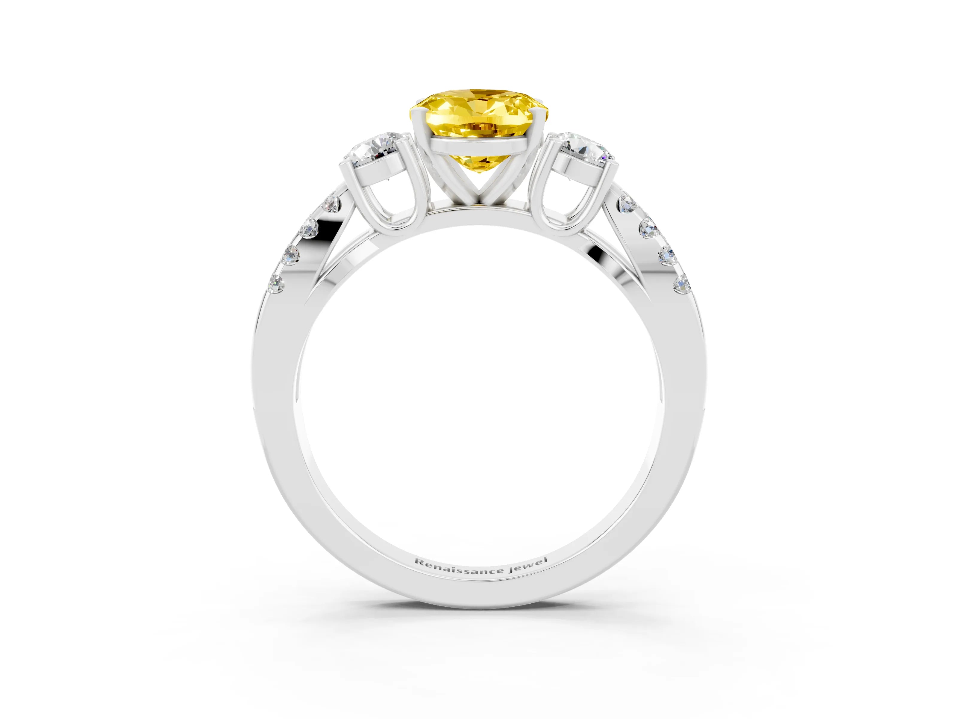 White gold Oval Cut Yellow Sapphire Three-Stone Ring with Pavé Split Shank and Four-Prong Setting_39