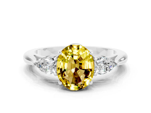 White gold Oval Cut Yellow Sapphire Three-Stone Ring with Pear Side Stones and Four-Prong Setting_12