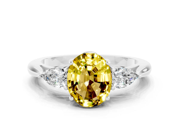 White gold Oval Cut Yellow Sapphire Three-Stone Ring with Pear  Side Stones and Prong Setting