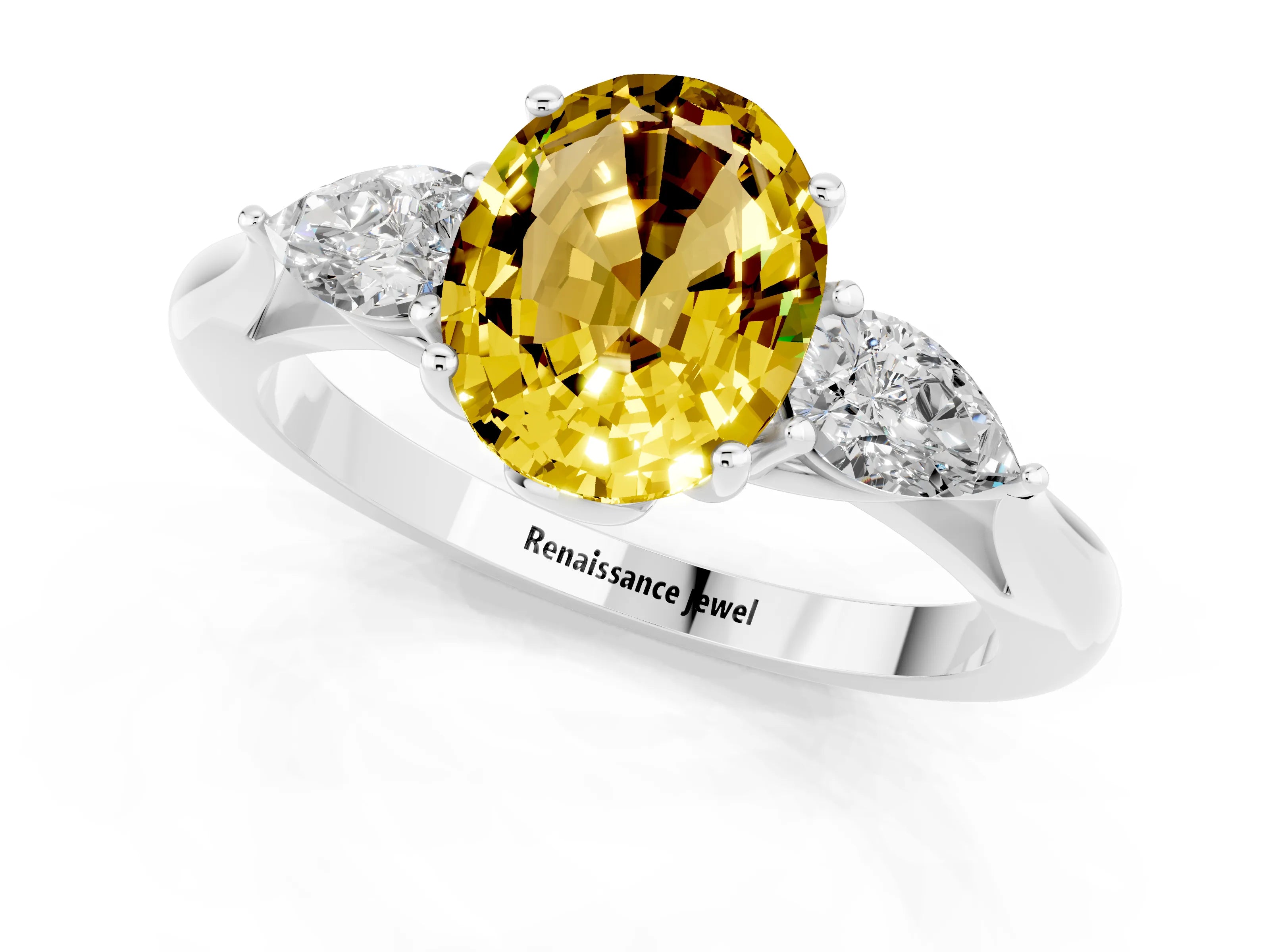 White gold Oval Cut Yellow Sapphire Three-Stone Ring with Pear Side Stones and Four-Prong Setting_13