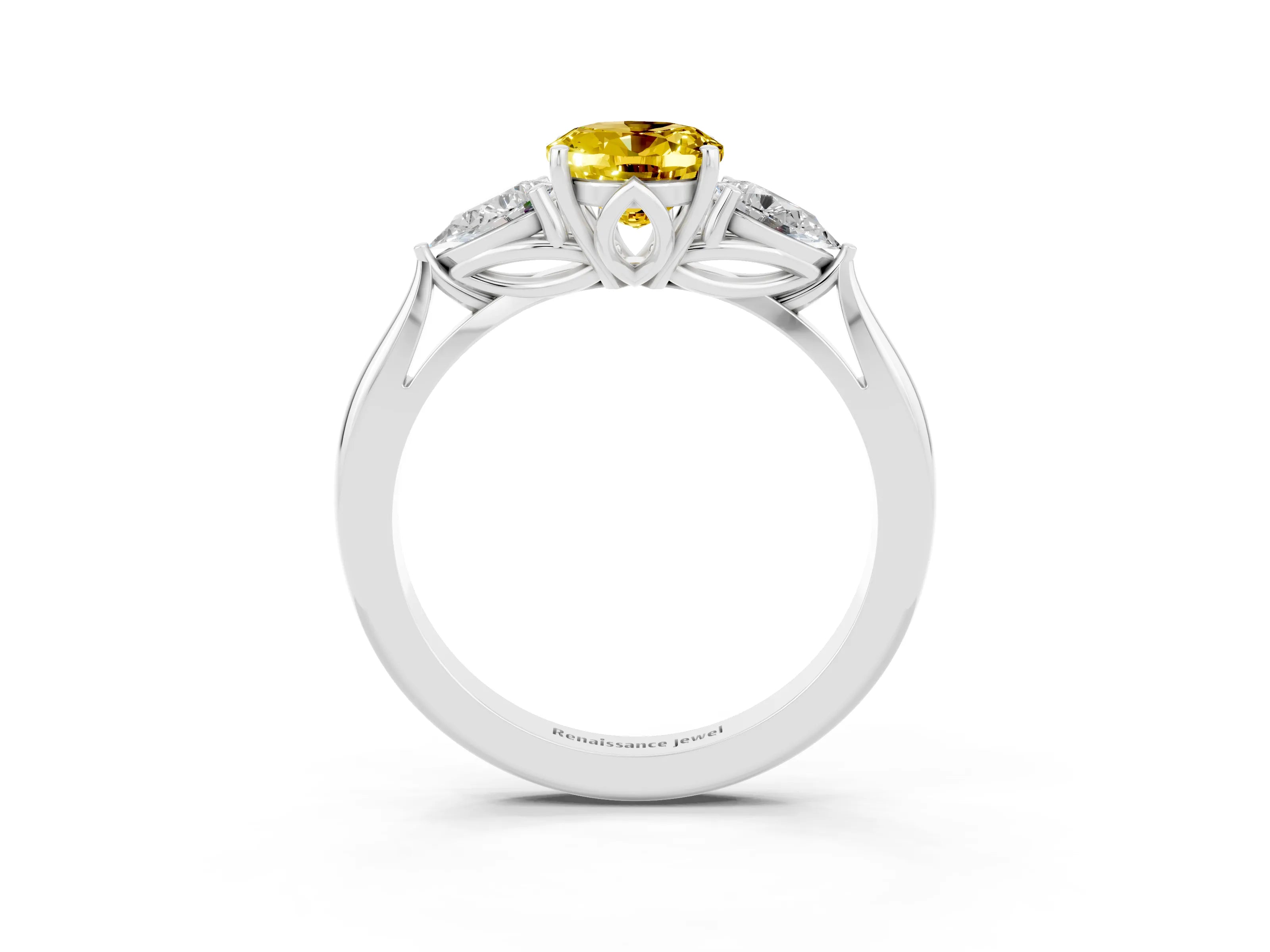 White gold Oval Cut Yellow Sapphire Three-Stone Ring with Pear Side Stones and Four-Prong Setting_15