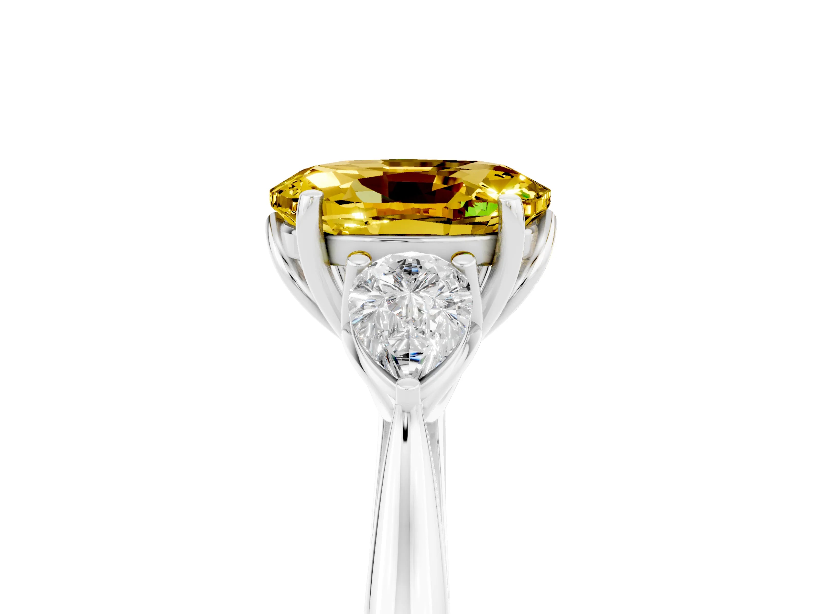 White gold Oval Cut Yellow Sapphire Three-Stone Ring with Pear Side Stones and Four-Prong Setting_17