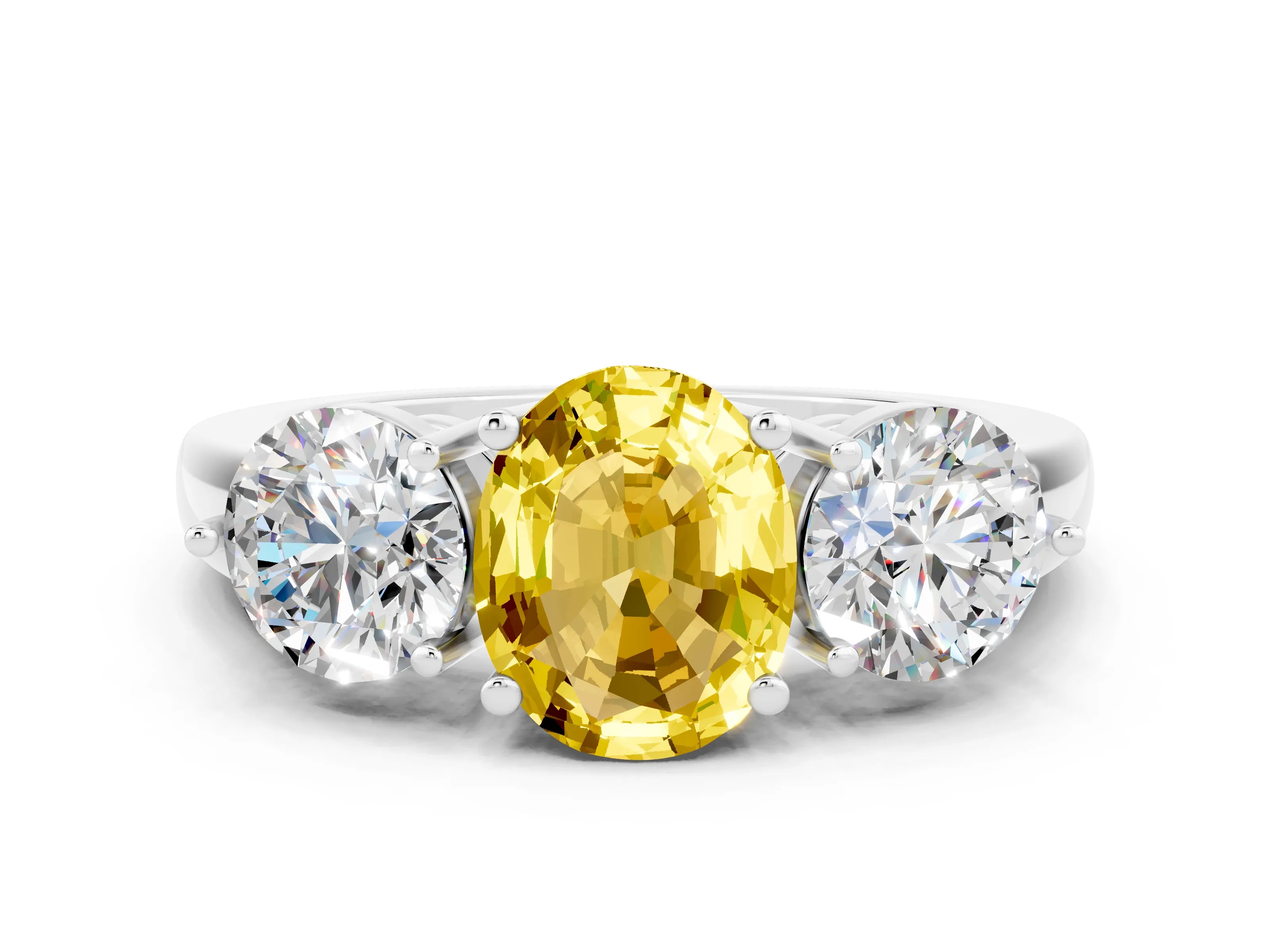 White gold Oval Cut Yellow Sapphire Three-Stone Ring with Prong Setting and Classic Band