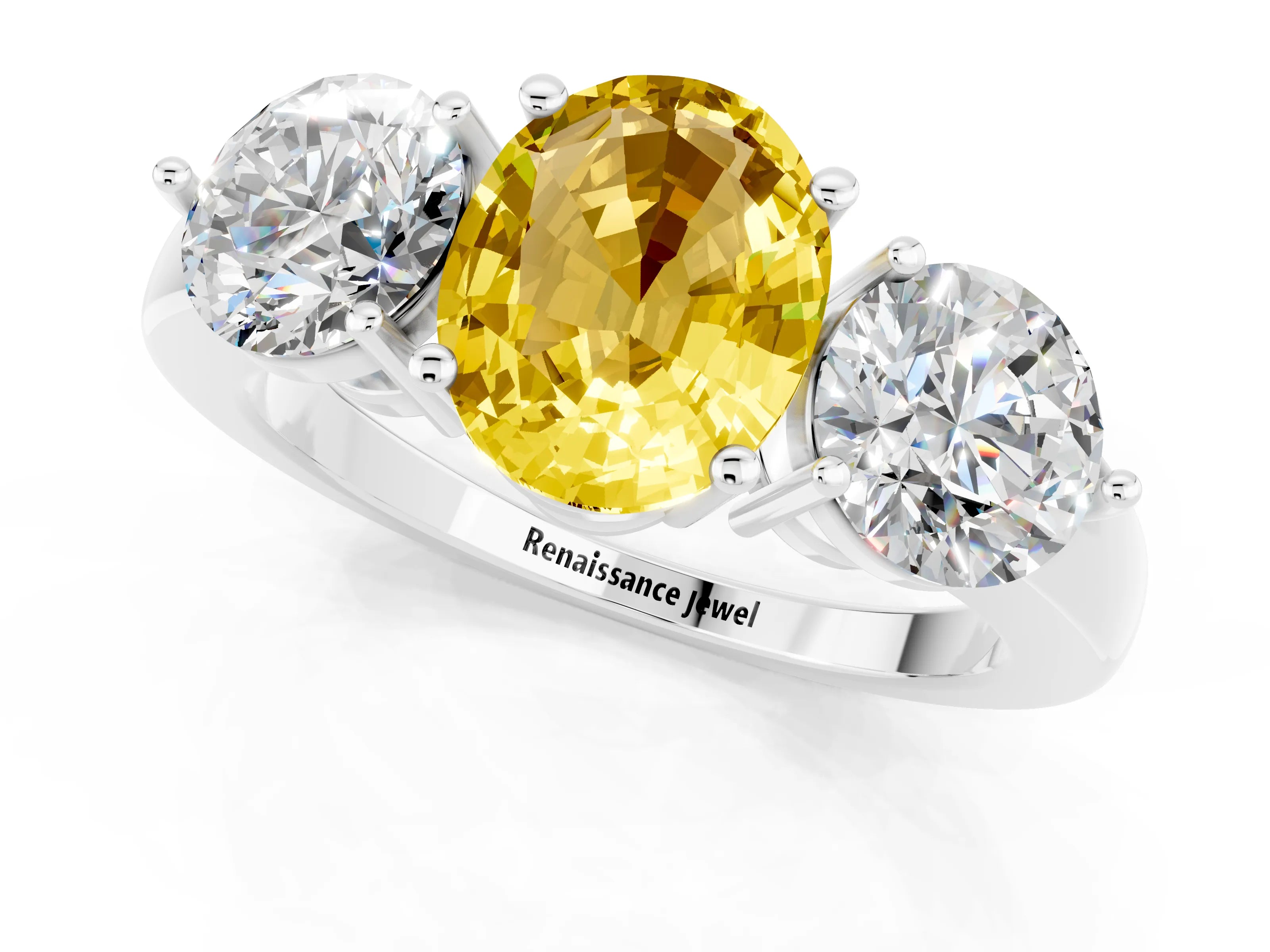 White gold Oval Cut Yellow Sapphire Three-Stone Ring with Prong Setting and Classic Band_1
