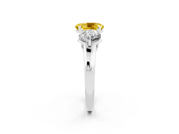 Platinum Oval Cut Yellow Sapphire Three-Stone Ring with Prong Setting and Classic Band