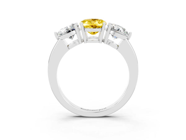 Platinum Oval Cut Yellow Sapphire Three-Stone Ring with Prong Setting and Classic Band