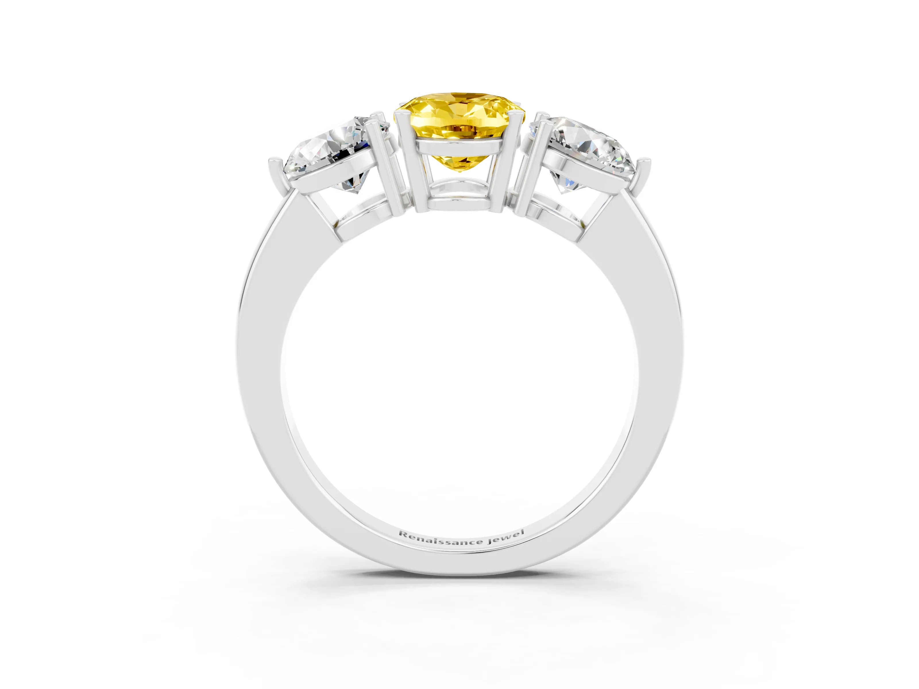 White gold Oval Cut Yellow Sapphire Three-Stone Ring with Prong Setting and Classic Band_3