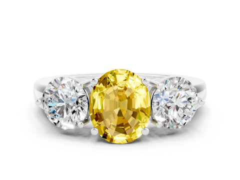 White gold Oval Cut Yellow Sapphire Three-Stone Ring with Prong Setting and Classic Band