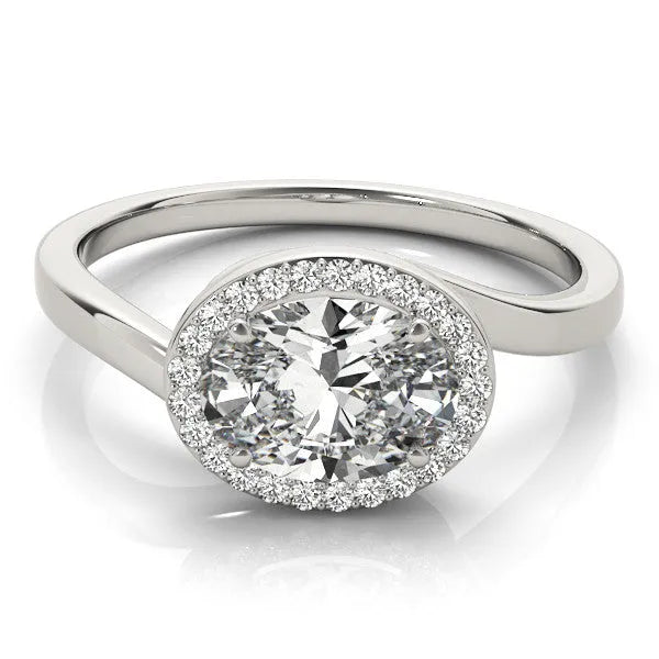 White gold Oval Diamond Bezel Halo Ring with Plain Band