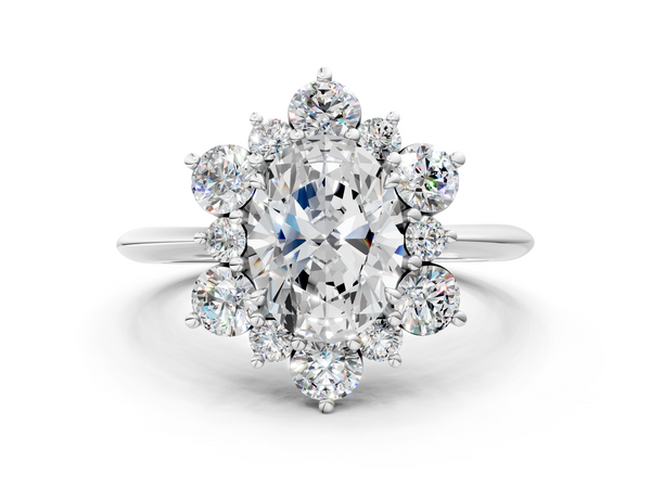 White gold Oval Diamond Cluster Halo Ring with Solitaire Band and Four-Prong Setting