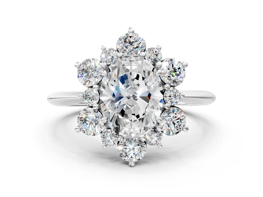 White gold Oval Diamond Cluster Halo Ring with Solitaire Band and Four-Prong Setting