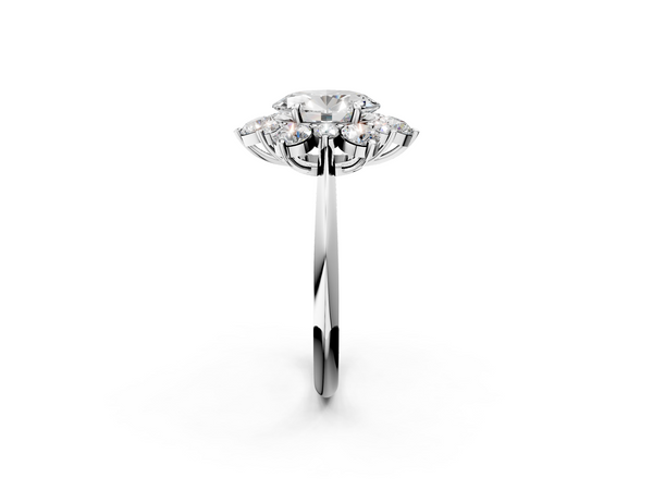 White gold Oval Diamond Cluster Halo Ring with Solitaire Band and Four-Prong Setting