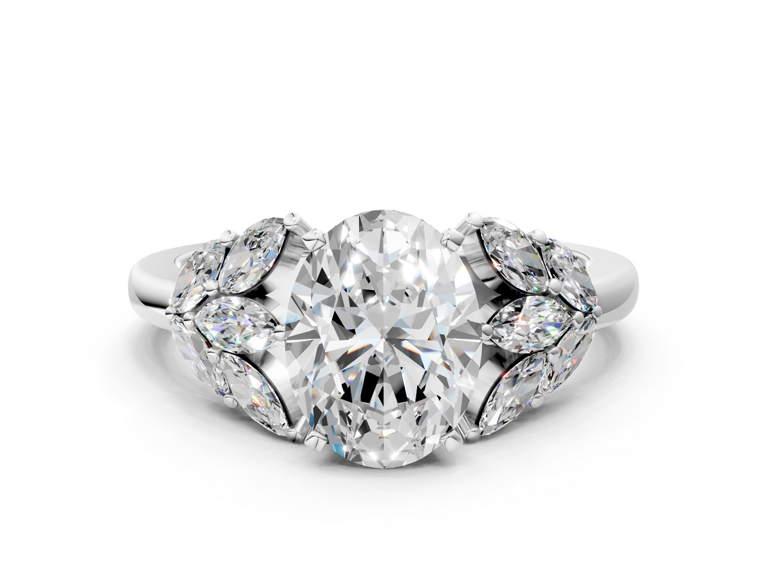 White gold Oval Diamond Cluster Leaf Design Ring with Prong Setting_73