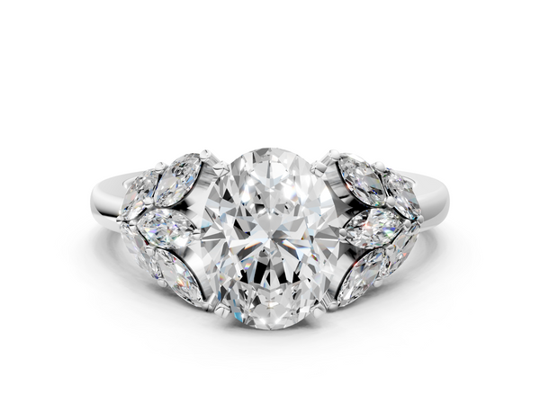 Sterling Silver Oval Cluster Leaf Engagement Ring Setting with Marquise Accents