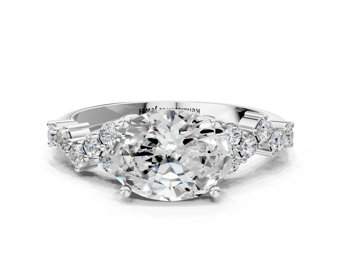 14K White Gold 4.04 Carat F VS1 Oval Diamond Cluster Pavé Band with Four-Prong Setting