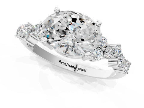 14K White Gold 4.04 Carat F VS1 Oval Diamond Cluster Pavé Band with Four-Prong Setting