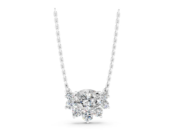 Silver Oval Diamond Cluster Pendant with Prong Setting