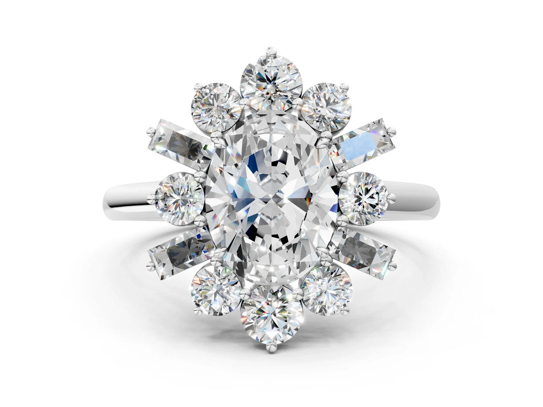 White gold Oval Diamond Cluster Ring with Round and Baguette Stones, Split Shank Band, Prong Setting_131