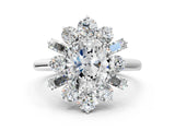 White gold Oval Diamond Cluster Ring with Round and Baguette Stones, Split Shank Band, Prong Setting_131