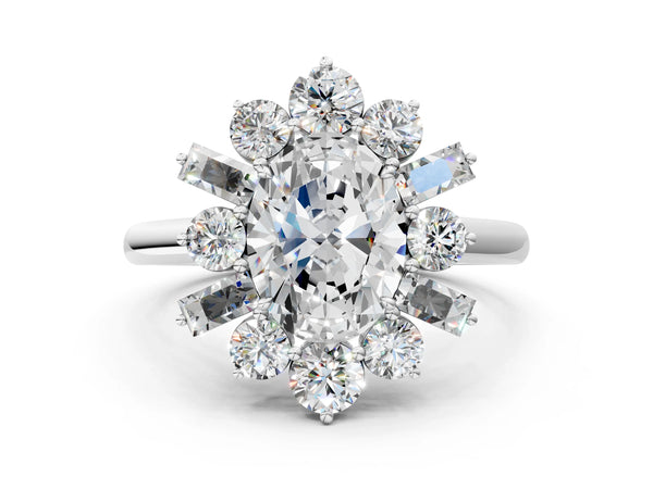 Platinum Oval Diamond Cluster Ring with Round and Baguette Stones, Split Shank Band, Prong Setting