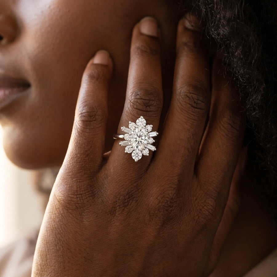 White gold Oval Diamond Cluster Ring with Round and Baguette Stones, Split Shank Band, Prong Setting