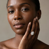 White gold Oval Diamond Cluster Ring with Round and Baguette Stones, Split Shank Band, Prong Setting_200