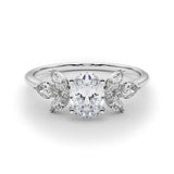 White gold Oval Diamond Floral Cluster Ring with Marquise Side Stones and Six-Prong Solitaire Setting
