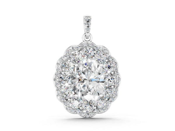 Platinum Oval Diamond Floral Halo Pendant with Diamond Accents