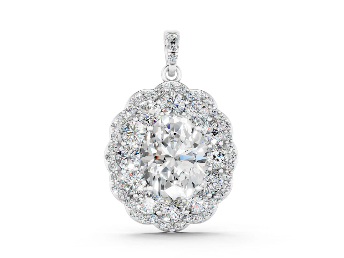 White gold Oval Diamond Floral Halo Pendant with Diamond Accents_12