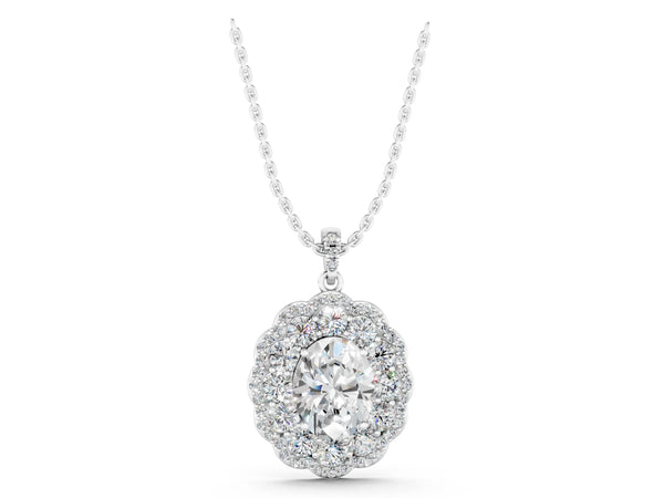 White gold Oval Diamond Floral Halo Pendant with Diamond Accents