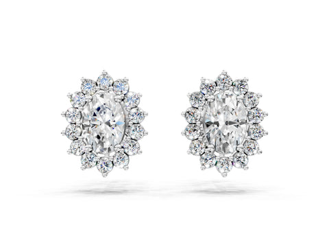 White gold Oval Diamond Floral Halo Stud Earrings
